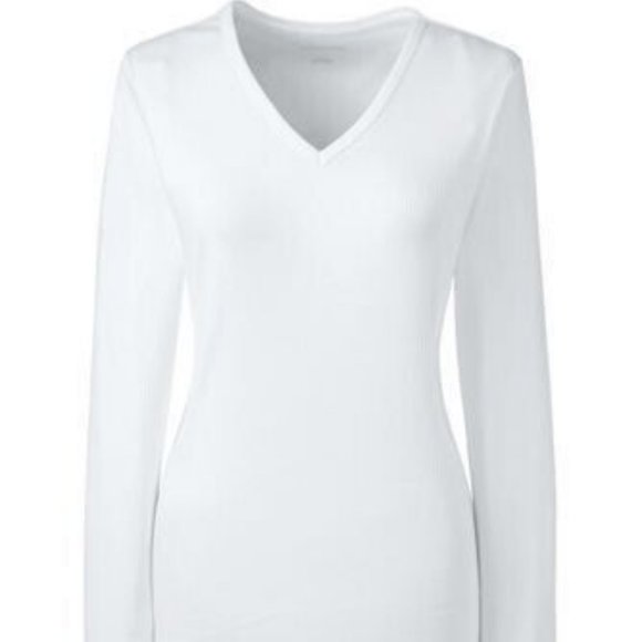NWT LANDS' END WOMEN'S LONG SLEEVE SHAPED 1X1 RIB V-NECK TEE WHITE SMALL TALL - Picture 2 of 6
